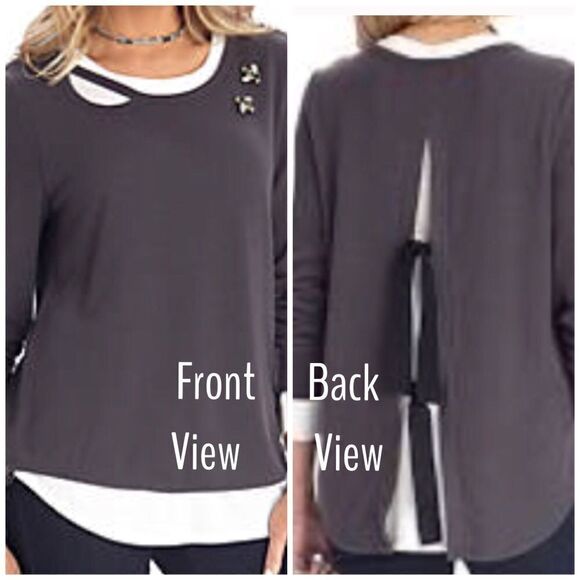 Bee EMBELLISHED Cut out split neck back tie 2pc relaxed fit top NWT - Picture 1 of 8